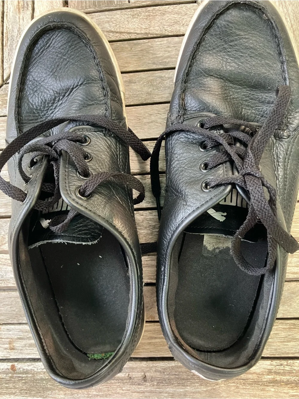 Puma Men's Black Leather Boat Shoes with White Trim